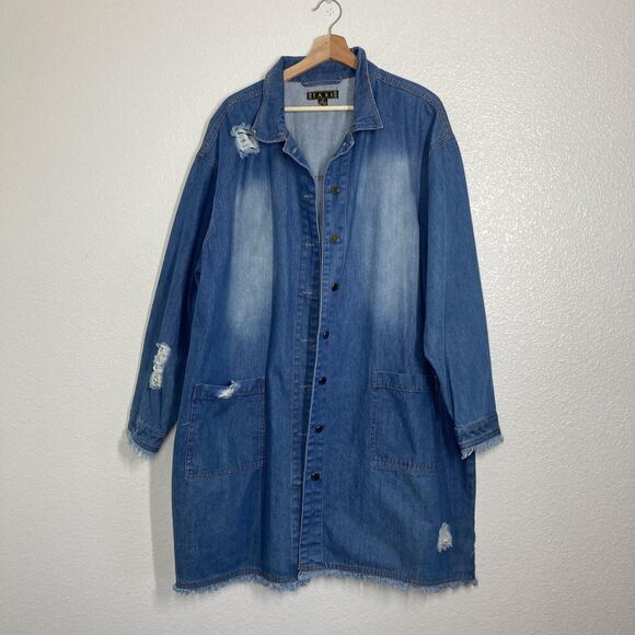 Taxi Denim Jacket Womens 3X Blue Distressed Longline Button Front Jean Coat - Picture 2 of 16